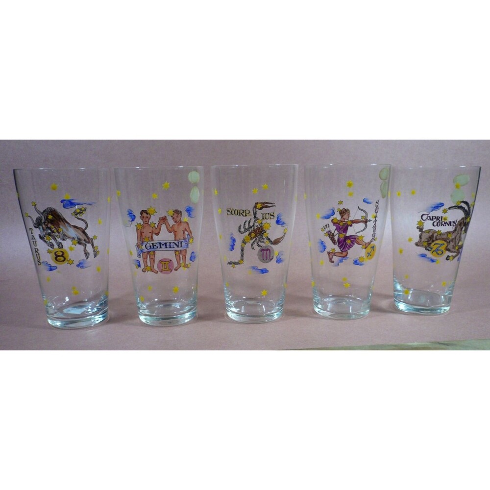 Mid Century 5 Zodiac Crystal Beer Glasses Handpainted & Fired Enamel Germany